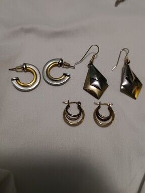 Mixed Metal Hoop and Geometric Drop Earring Set - Silver & Gold